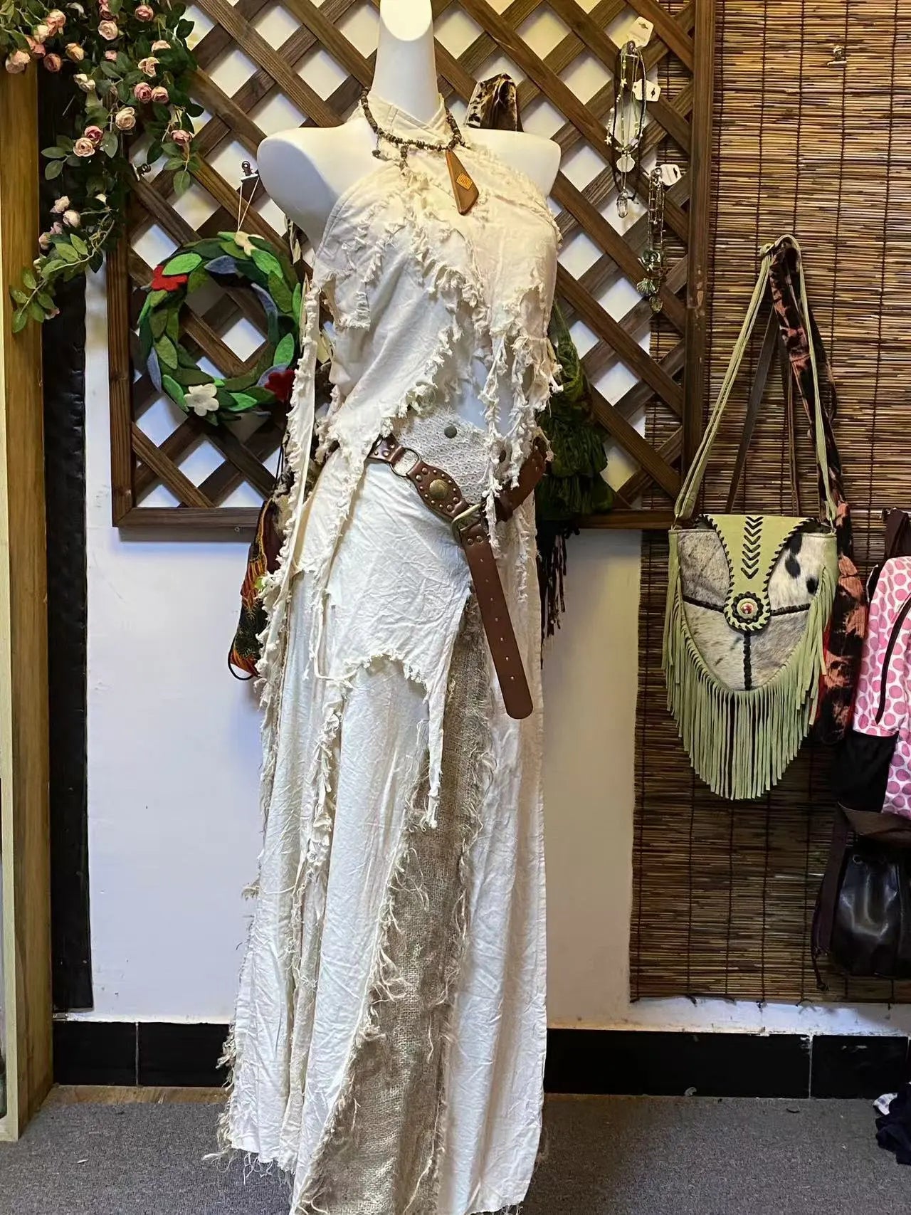 [White Priestess] Nepal White Fringed Cotton-Linen Snap Button Wrap Skirt (Final Sale / No Returns or Exchanges) · Belt Sold Separately