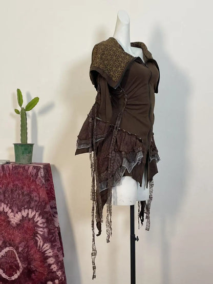 [Dune Melody] Brown Fringe Witch Top + Lace Fairy Embroidered Skirt Set (Final Sale / No Returns or Exchanges) · Milk Tea Brown Skirt