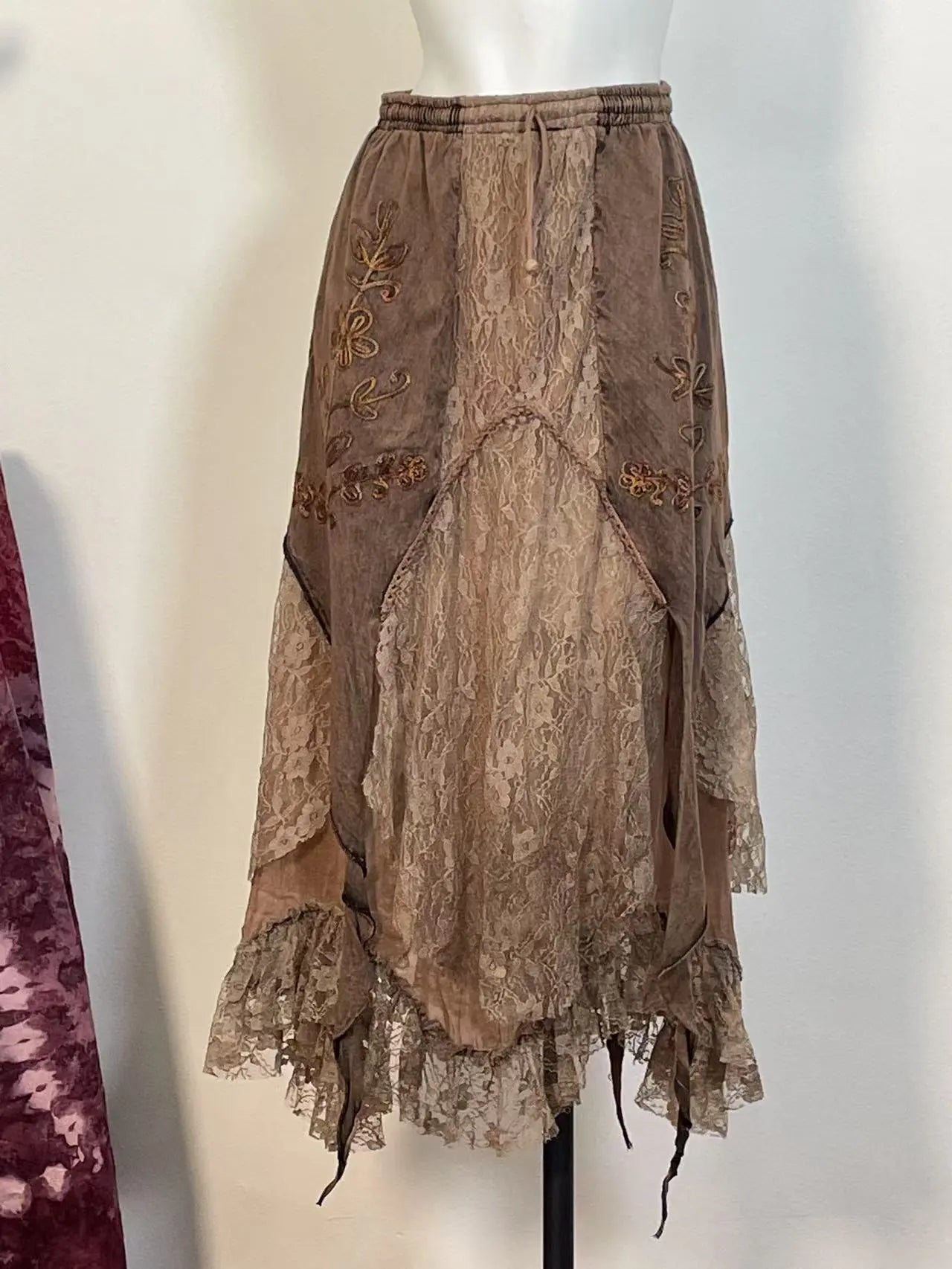 [Dune Melody] Brown Fringe Witch Top + Lace Fairy Embroidered Skirt Set (Final Sale / No Returns or Exchanges) · Milk Tea Brown Skirt