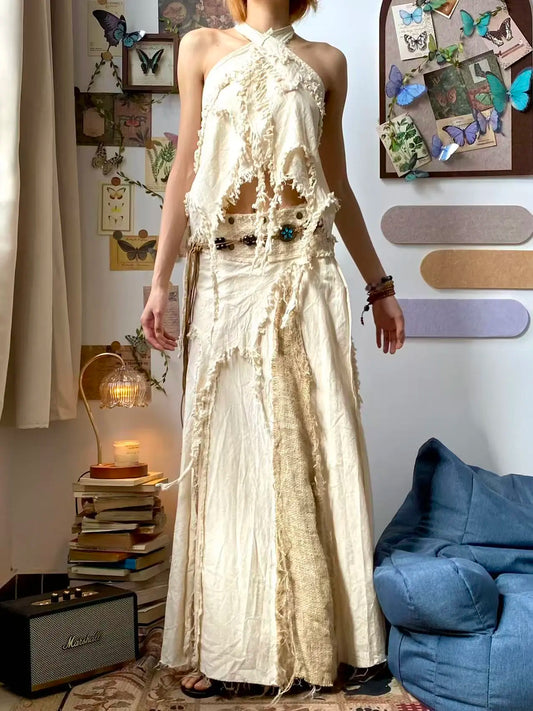 [White Priestess] Nepal White Fringed Cotton-Linen Snap Button Wrap Skirt (Final Sale / No Returns or Exchanges) · Belt Sold Separately