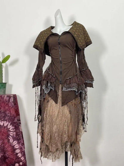 [Dune Melody] Brown Fringe Witch Top + Lace Fairy Embroidered Skirt Set (Final Sale / No Returns or Exchanges) · Milk Tea Brown Skirt