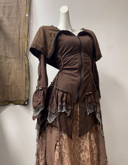 [Dune Melody] Brown Fringe Witch Top + Lace Fairy Embroidered Skirt Set (Final Sale / No Returns or Exchanges) · Milk Tea Brown Skirt