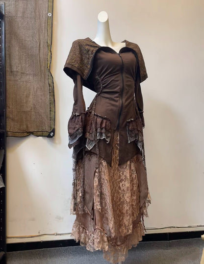 [Dune Melody] Brown Fringe Witch Top + Lace Fairy Embroidered Skirt Set (Final Sale / No Returns or Exchanges) · Milk Tea Brown Skirt