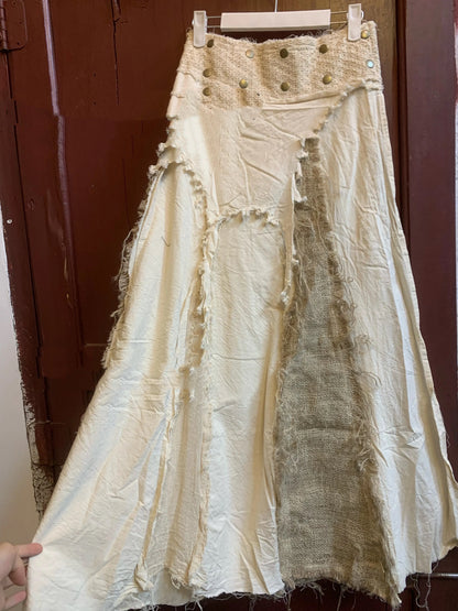 [White Priestess] Nepal White Fringed Cotton-Linen Snap Button Wrap Skirt (Final Sale / No Returns or Exchanges) · Belt Sold Separately